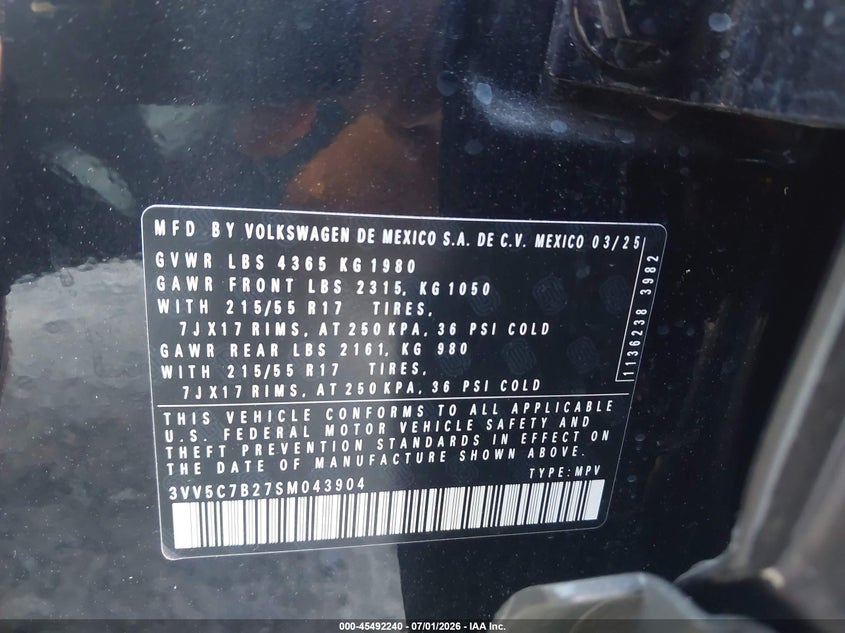 2025 Volkswagen Taos VIN 3VV5C7B27SM043904 IAAI salvage auction — REAR END, Salvage Title, sold $9,200 on 2026-08-25 (photo 9)