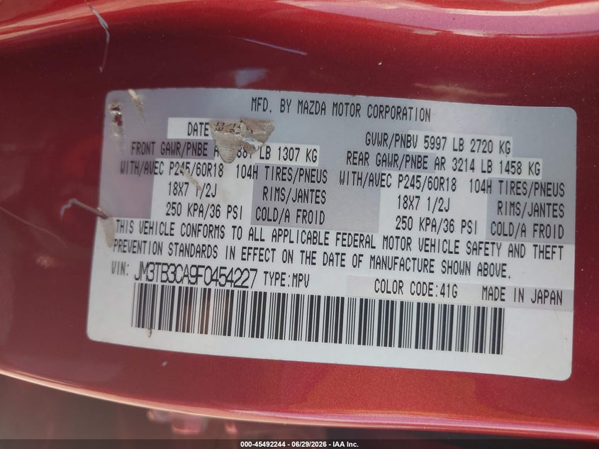 2015 Mazda Cx-9 VIN JM3TB3CA9F0454227 IAAI salvage auction — REAR END, Clear (Tennessee), sold $2,100 on 2026-07-30 (photo 9)