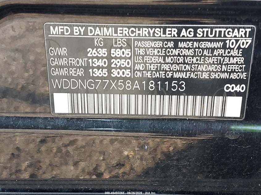2008 Mercedes-benz S class VIN WDDNG77X58A181153 IAAI salvage auction — FRONT & REAR, Clear (Florida), sold $5,200 on 2026-07-07 (photo 9)