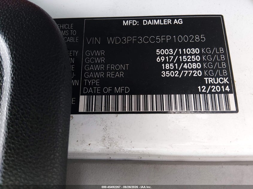 2015 Mercedes-benz Sprinter VIN WD3PF3CC5FP100285 IAAI salvage auction — NORMAL WEAR, Clear (Illinois), sold $25 on 2026-07-29 (photo 8)