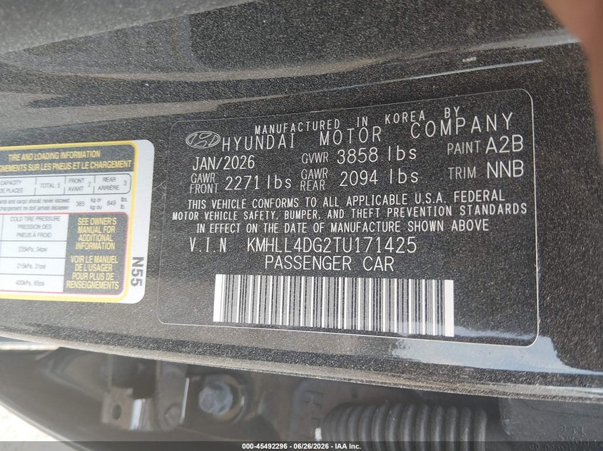 2026 Hyundai Elantra VIN KMHLL4DG2TU171425 IAAI salvage auction — ROLLOVER, Wait Title, sold $1,700 on 2026-08-29 (photo 9)