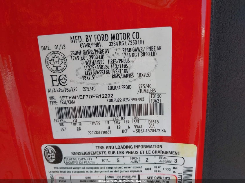 2013 Ford F-150 VIN 1FTFW1EF7DFB12292 IAAI salvage auction — REAR END, Salvage Title, sold $3,250 on 2026-07-12 (photo 9)