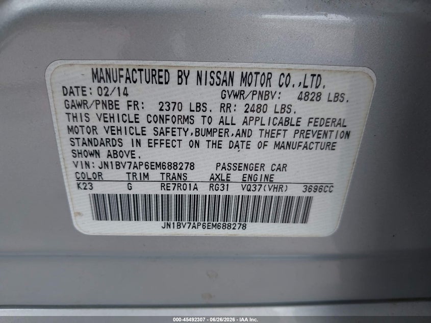 2014 Infiniti Q50 VIN JN1BV7AP6EM688278 IAAI salvage auction — REAR END, Salvage (Texas), sold $25 on 2026-07-30 (photo 9)