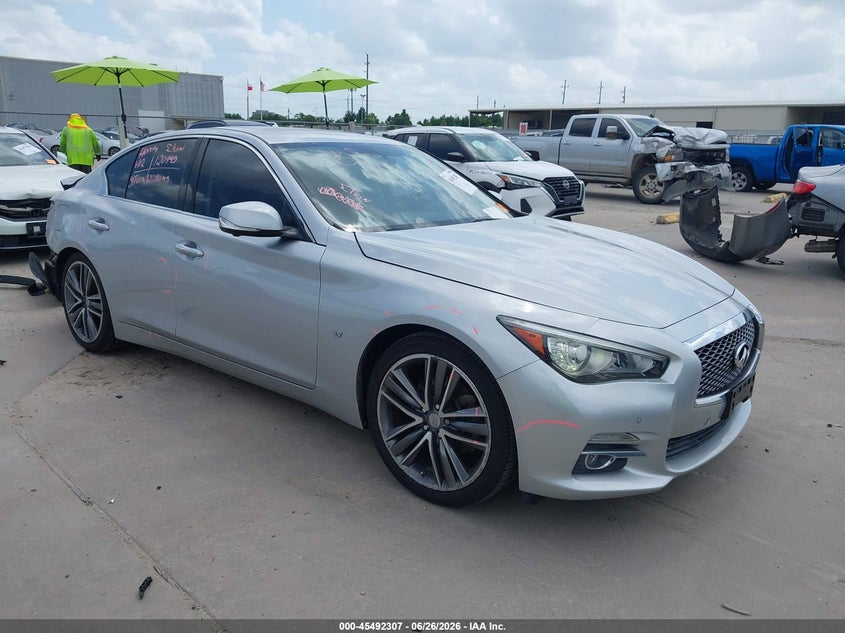 2014 Infiniti Q50 VIN JN1BV7AP6EM688278 IAAI salvage auction — REAR END, Salvage (Texas), sold $25 on 2026-07-30 (photo 1)