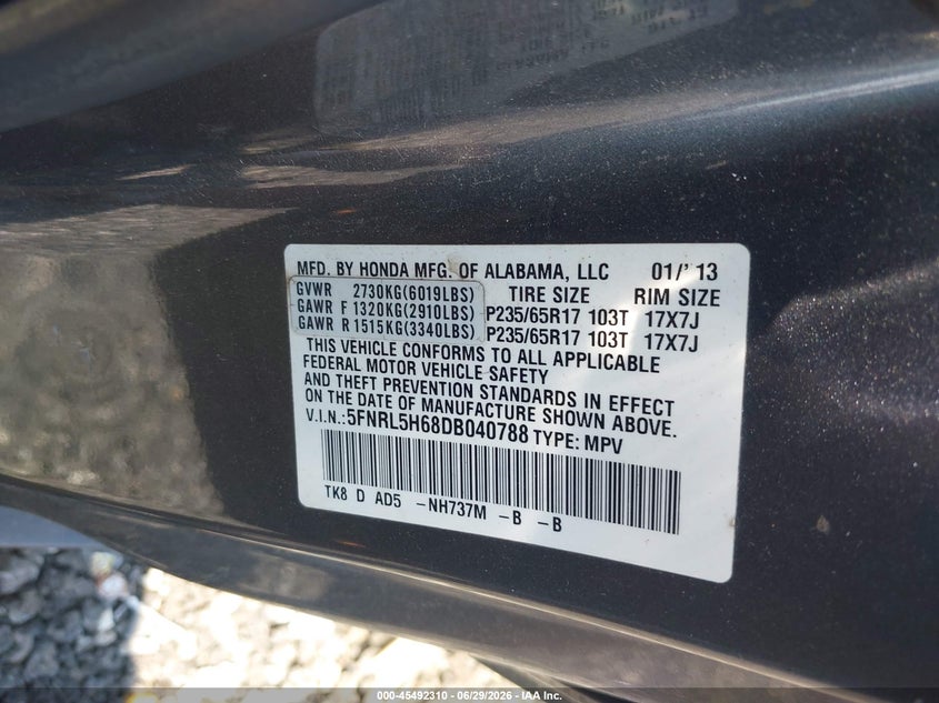 2013 Honda Odyssey VIN 5FNRL5H68DB040788 IAAI salvage auction — FRONT END, Mv-907A (New York), sold $925 on 2026-07-09 (photo 9)