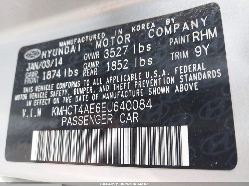 2014 Hyundai Accent VIN KMHCT4AE6EU640084 IAAI salvage auction — NORMAL WEAR, Clear (Massachusetts), sold $375 on 2026-07-28 (photo 9)