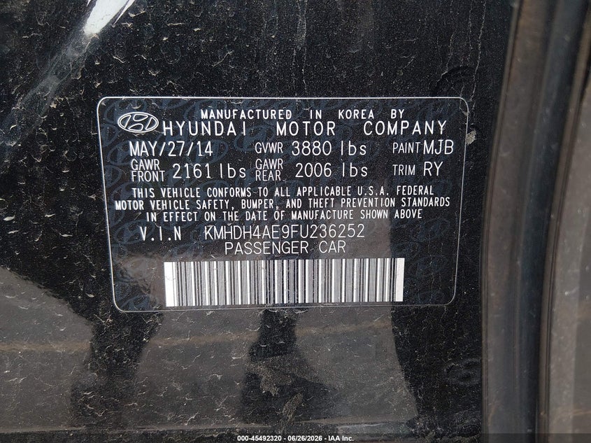 2015 Hyundai Elantra VIN KMHDH4AE9FU236252 IAAI salvage auction — FRONT END, Salvage (Connecticut), sold $975 on 2026-07-16 (photo 9)