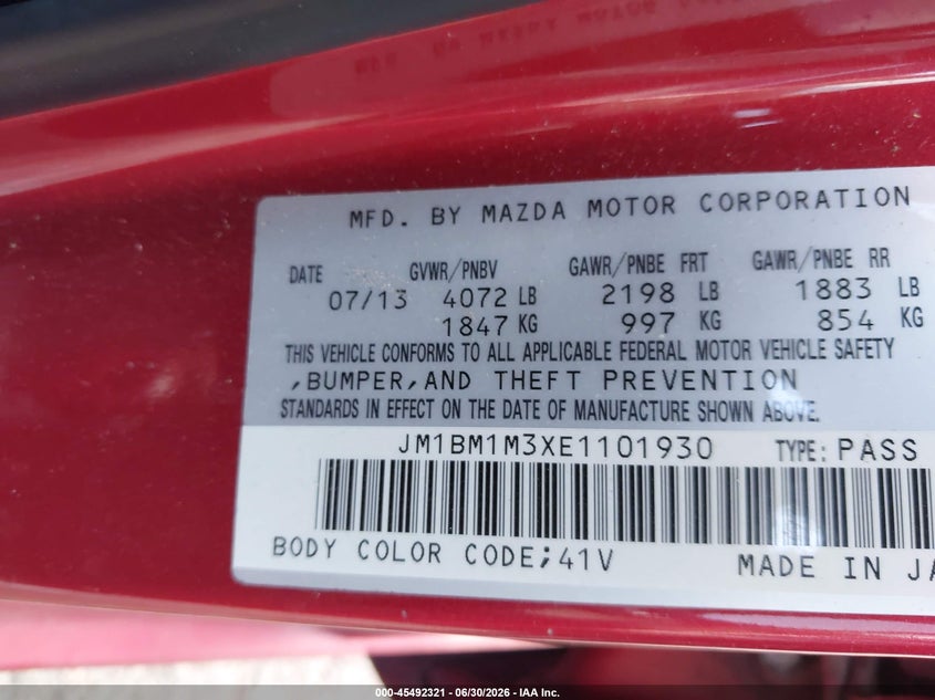 2014 Mazda 3 VIN JM1BM1M3XE1101930 IAAI salvage auction — FRONT END, Salvage (Texas), sold $1,250 on 2026-07-22 (photo 9)
