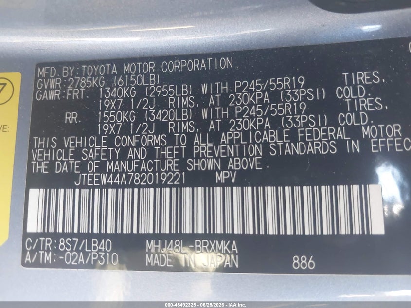 2008 Toyota Highlander hybrid VIN JTEEW44A782019221 IAAI salvage auction — NORMAL WEAR, Clear - Dealer Only (California), sold $1,400 on 2026-07-15 (photo 9)