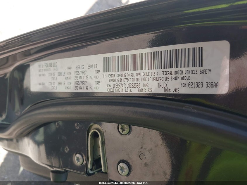 2018 Ram 1500 VIN 1C6RR7KT1JS222590 IAAI salvage auction — RIGHT FRONT, Salvage (Indiana), sold $6,000 on 2026-07-26 (photo 9)