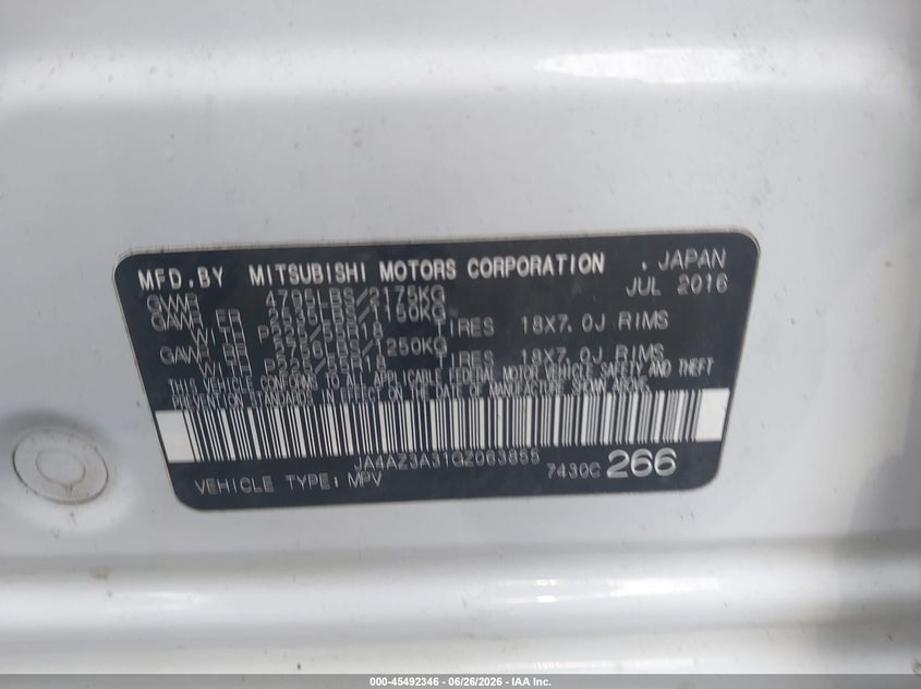 2016 Mitsubishi Outlander VIN JA4AZ3A31GZ063855 IAAI salvage auction — RIGHT FRONT, Salvage (Pennsylvania), sold $1,225 on 2026-07-28 (photo 9)