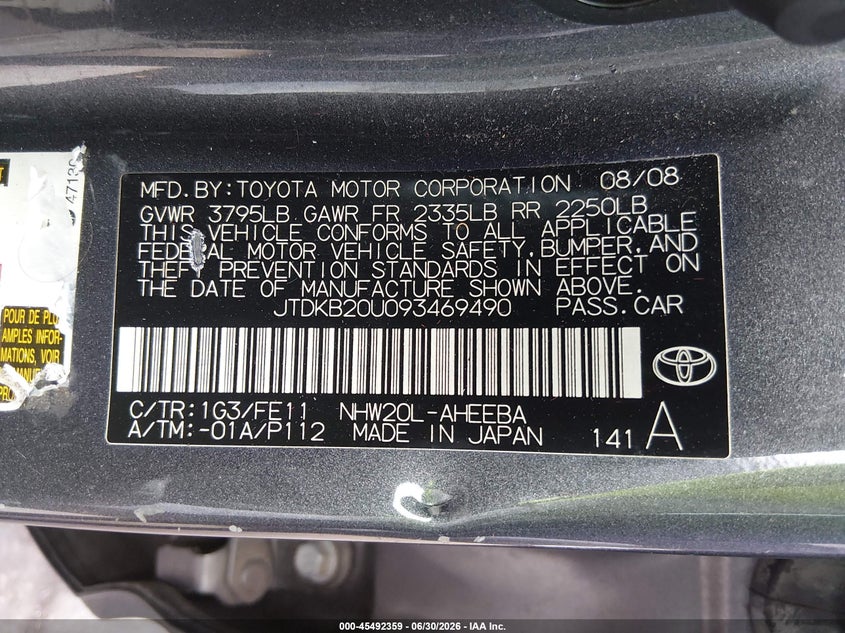 2009 Toyota Prius VIN JTDKB20U093469490 IAAI salvage auction — SIDE, Salvage (North Carolina), sold $400 on 2026-07-29 (photo 9)
