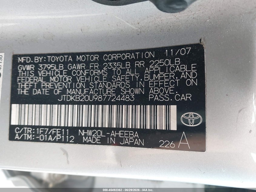 2008 Toyota Prius VIN JTDKB20U987724483 IAAI salvage auction — NORMAL WEAR, Clear-Dealer Only (Georgia), sold $825 on 2026-07-09 (photo 9)