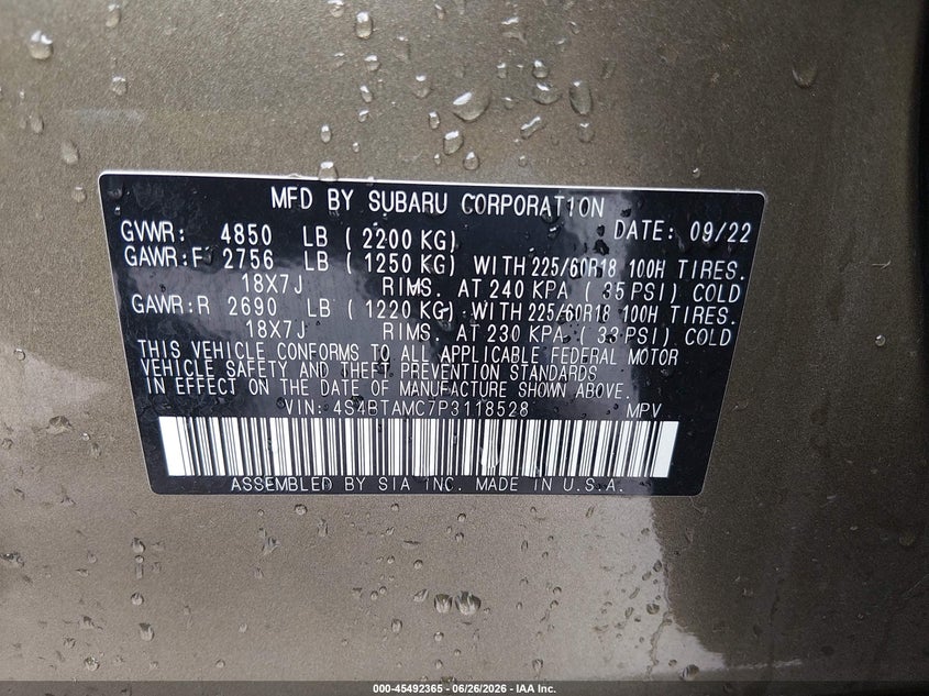 2023 Subaru Outback VIN 4S4BTAMC7P3118528 IAAI salvage auction — FRONT END, Salvage (Missouri), sold $3,100 on 2026-08-01 (photo 9)