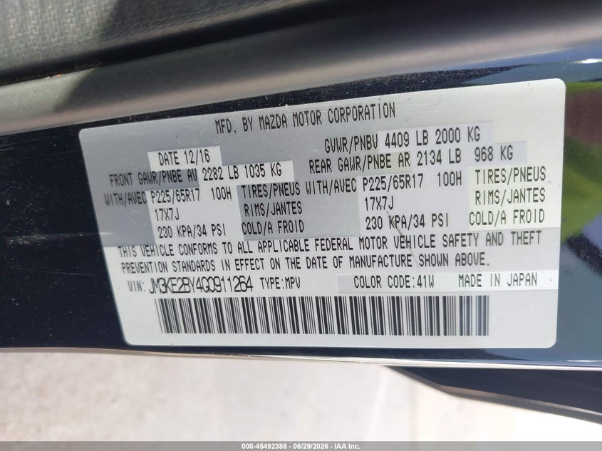 2016 Mazda Cx-5 VIN JM3KE2BY4G0911264 IAAI salvage auction — NORMAL WEAR, Original (Texas), sold $2,000 on 2026-07-06 (photo 9)
