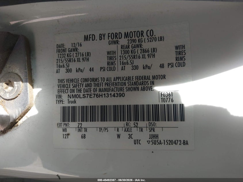 2017 Ford Transit VIN NM0LS7E76H1314390 IAAI salvage auction — FRONT END, Salvage Title, sold $4,250 on 2026-07-13 (photo 5)