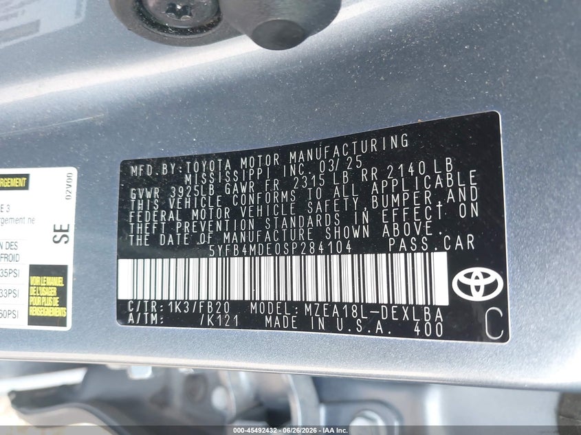 2025 Toyota Corolla VIN 5YFB4MDE0SP284104 IAAI salvage auction — UNDERCARRIAGE, Enterprise Vehicles Clear Only (Louisiana), sold $10,800 on 2026-07-09 (photo 9)