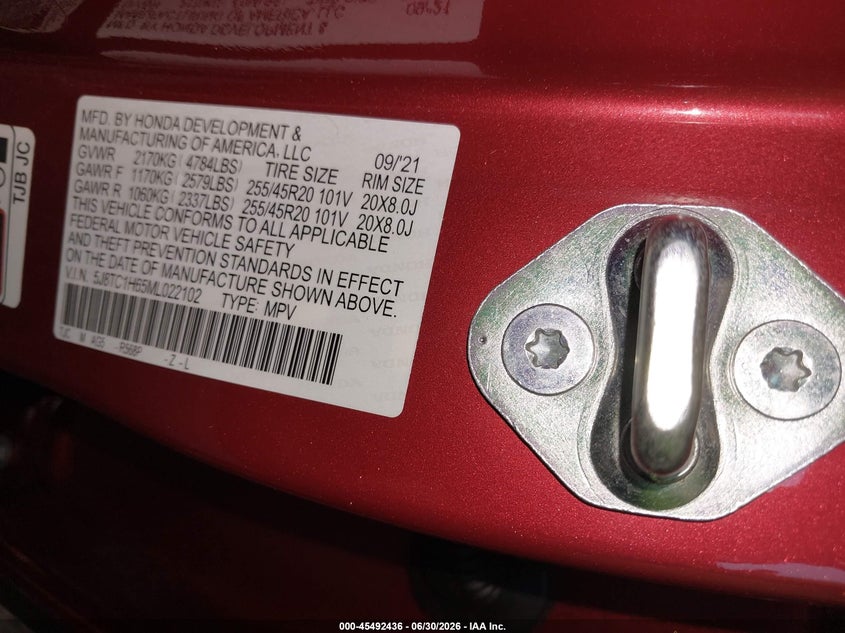 2021 Acura Rdx VIN 5J8TC1H65ML022102 IAAI salvage auction — SIDE, Wait Title, sold $9,100 on 2026-08-24 (photo 9)