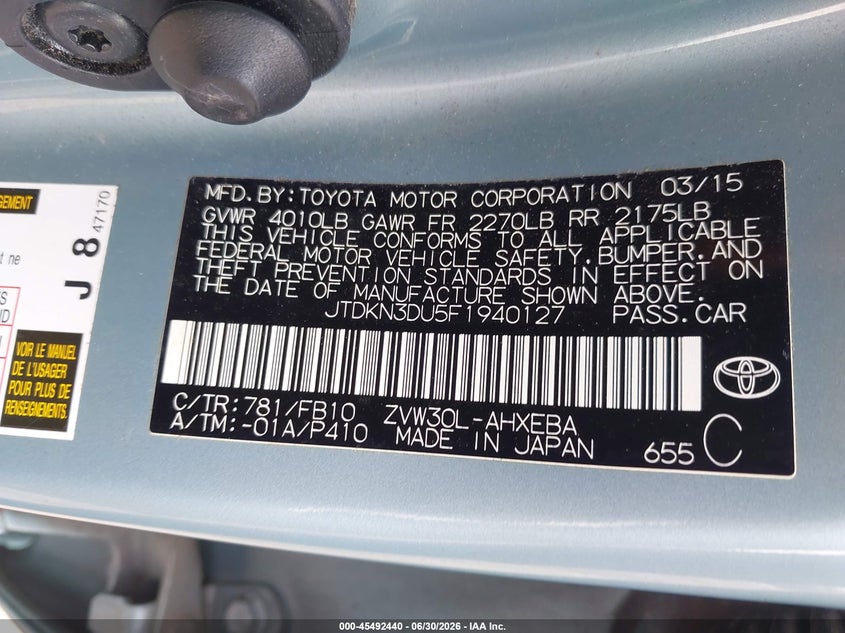 2015 Toyota Prius VIN JTDKN3DU5F1940127 IAAI salvage auction — FRONT & REAR, Salvage (Pennsylvania), sold $1,050 on 2026-07-28 (photo 9)