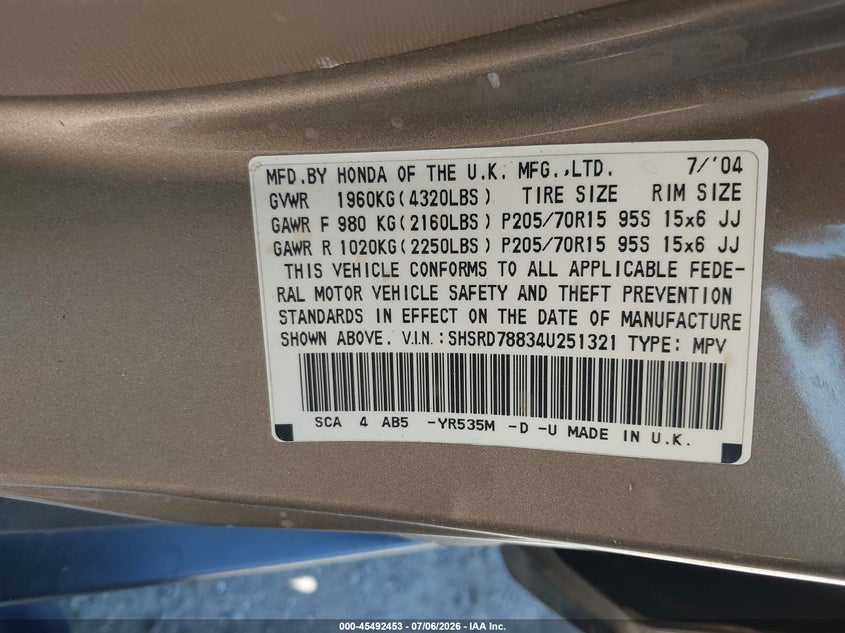 2004 Honda Cr-v VIN SHSRD78834U251321 IAAI salvage auction — REAR END, Salvage (California), sold $725 on 2026-07-16 (photo 9)