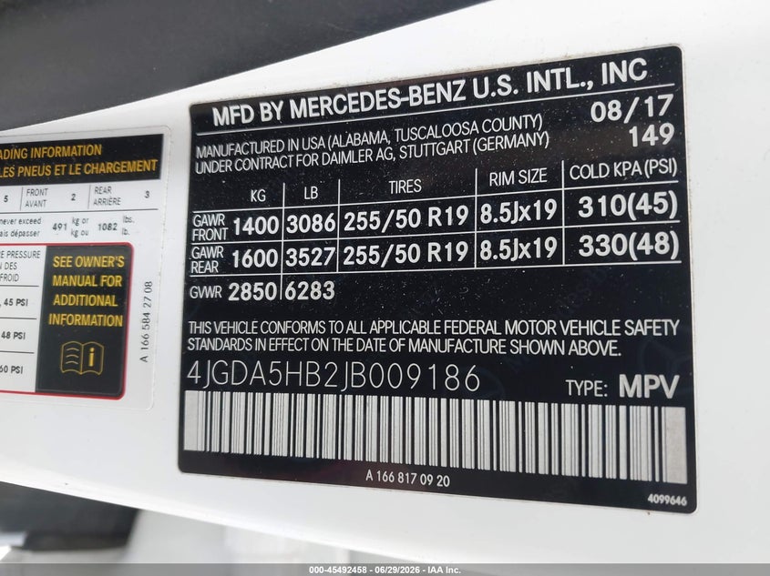 2018 Mercedes-benz Gle VIN 4JGDA5HB2JB009186 IAAI salvage auction — FRONT END, Salvage (North Carolina), sold $8,000 on 2026-07-30 (photo 9)