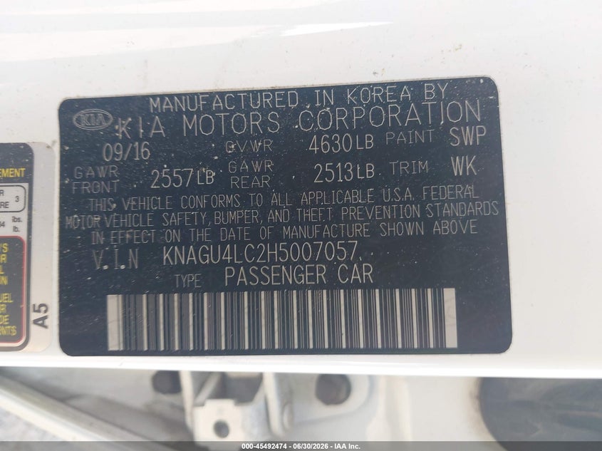 2017 Kia Optima hybrid VIN KNAGU4LC2H5007057 IAAI salvage auction — NORMAL WEAR, Original (Texas), sold $1,625 on 2026-07-09 (photo 9)