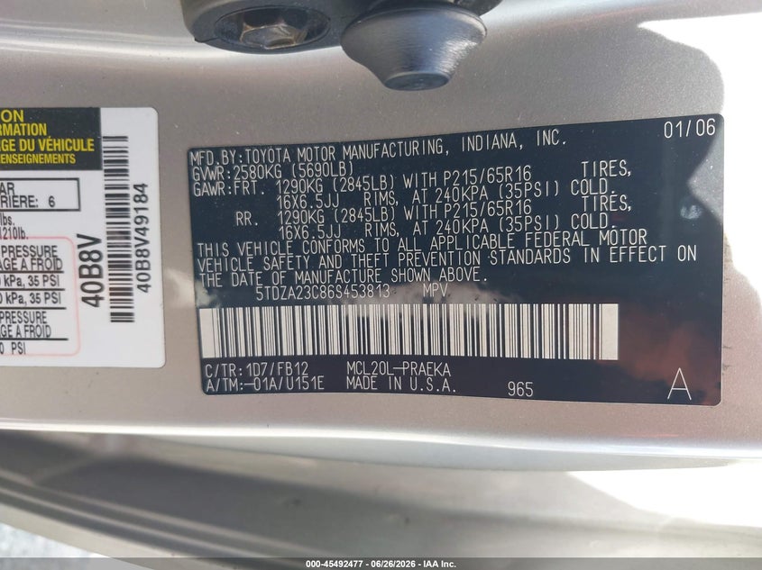 2006 Toyota Sienna VIN 5TDZA23C86S453813 IAAI salvage auction — NORMAL WEAR, Clear - Dealer Only (California), sold $725 on 2026-07-14 (photo 9)