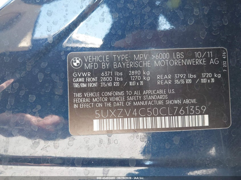2012 BMW X5 VIN 5UXZV4C50CL761359 IAAI salvage auction — RIGHT FRONT, Salvage (Arizona), sold $2,250 on 2026-07-21 (photo 9)