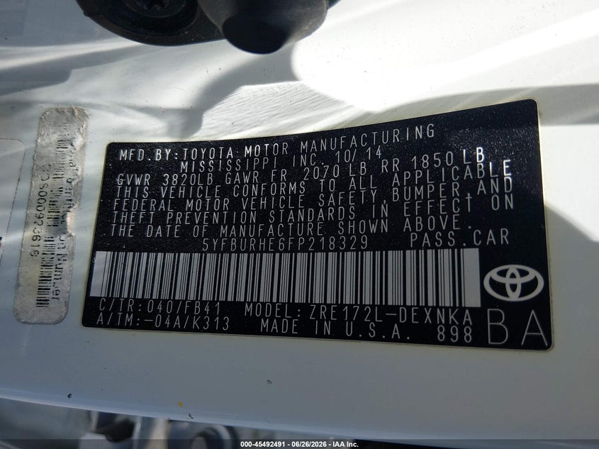 2015 Toyota Corolla VIN 5YFBURHE6FP218329 IAAI salvage auction — FRONT END, Salvage (Nevada), sold $900 on 2026-07-31 (photo 9)