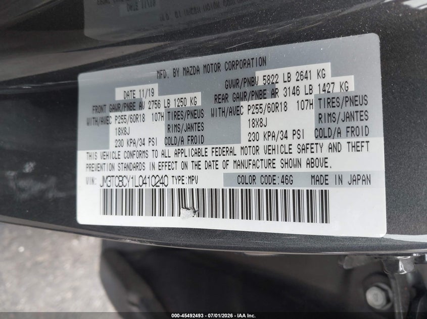 2020 Mazda Cx-9 VIN JM3TCBCY1L0410240 IAAI salvage auction — FRONT & REAR, Salvage Certificate (California), sold $2,650 on 2026-07-10 (photo 9)