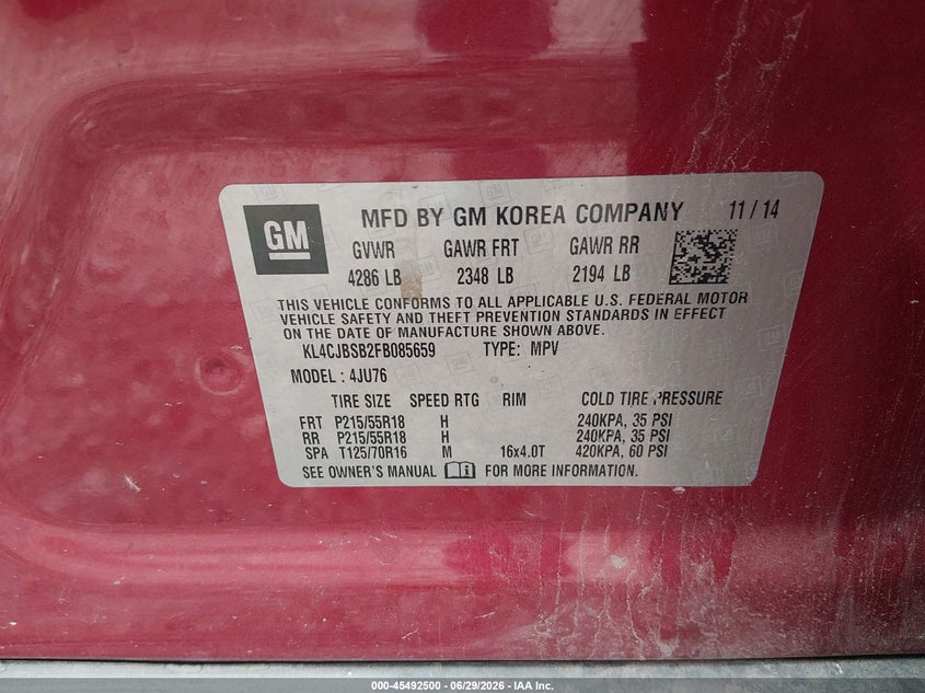 2015 Buick Encore VIN KL4CJBSB2FB085659 IAAI salvage auction — LEFT FRONT, Salvage (Montana), sold $1,200 on 2026-08-26 (photo 9)