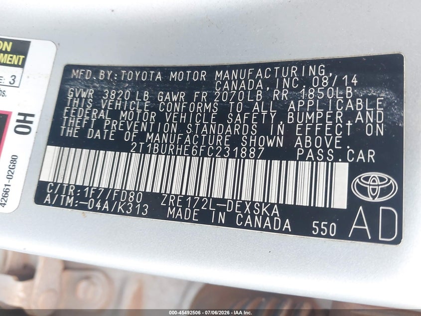 2015 Toyota Corolla VIN 2T1BURHE6FC231887 IAAI salvage auction — FRONT END, Salvage (Georgia), sold $1,400 on 2026-08-07 (photo 9)