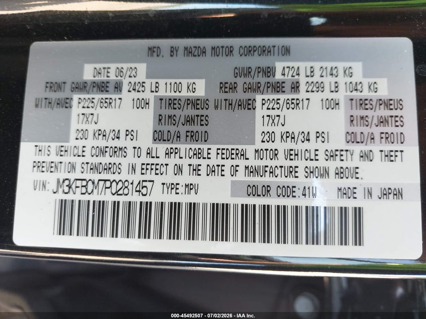 2023 Mazda Cx-5 VIN JM3KFBCM7P0281457 IAAI salvage auction — NORMAL WEAR, Clear (Wisconsin), sold $5,500 on 2026-07-10 (photo 9)