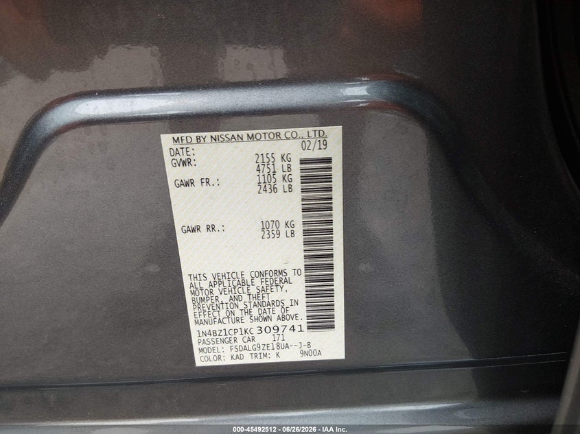 2019 Nissan Leaf VIN 1N4BZ1CP1KC309741 IAAI salvage auction — REAR END, Salvage (Pennsylvania), sold $4,000 on 2026-07-11 (photo 9)