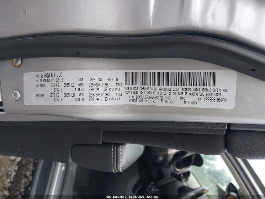 2017 Jeep Cherokee VIN 1C4PJLCB3HW596272 IAAI salvage auction — REAR END, Wait Title, sold $725 on 2026-08-27 (photo 9)
