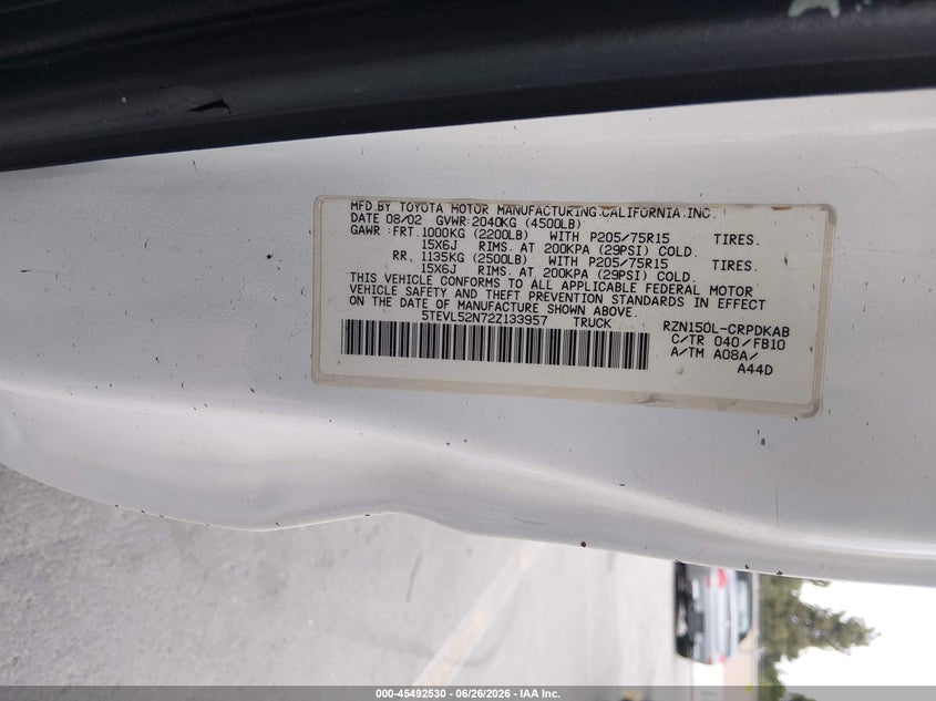 2002 Toyota Tacoma VIN 5TEVL52N72Z133957 IAAI salvage auction — THEFT, Salvage (California), sold $4,050 on 2026-07-13 (photo 9)