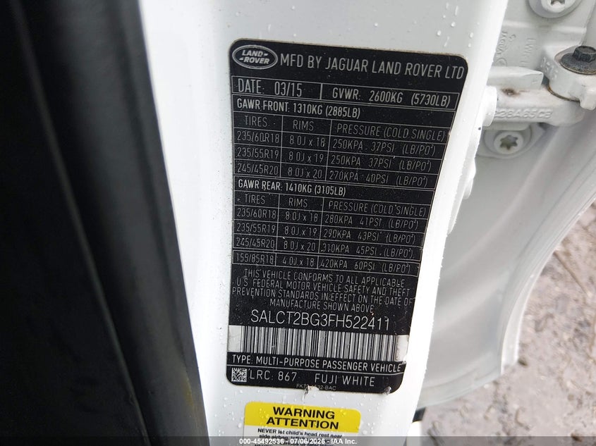 2015 Land rover Discovery sport VIN SALCT2BG3FH522411 IAAI salvage auction — WATER/FLOOD, Clear (Massachusetts), sold $1,250 on 2026-07-18 (photo 9)