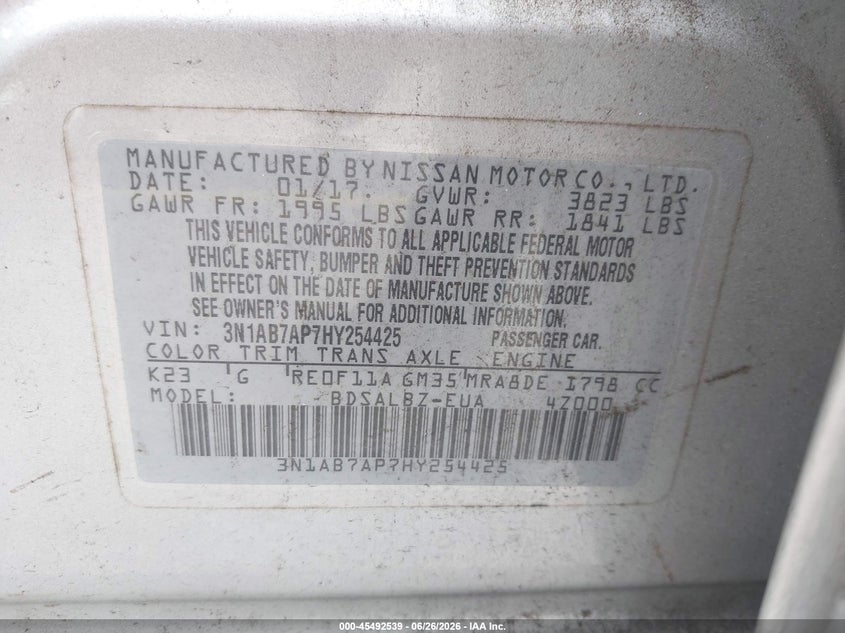 2017 Nissan Sentra VIN 3N1AB7AP7HY254425 IAAI salvage auction — NORMAL WEAR, Clear (Florida), sold $475 on 2026-07-05 (photo 9)