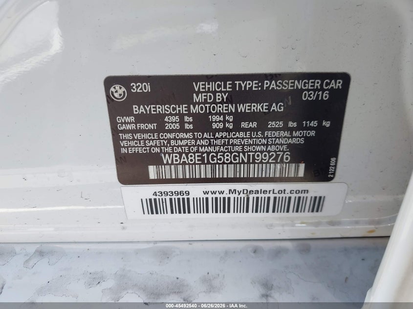 2016 BMW 3er VIN WBA8E1G58GNT99276 IAAI salvage auction — REAR END, Salvage (California), sold $2,450 on 2026-08-05 (photo 9)