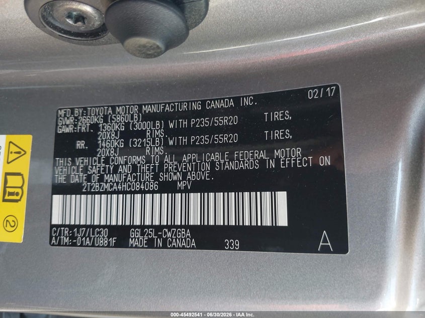 2017 Lexus Rx VIN 2T2BZMCA4HC084086 IAAI salvage auction — ROOF, Salvage Title, sold $12,600 on 2026-07-29 (photo 9)