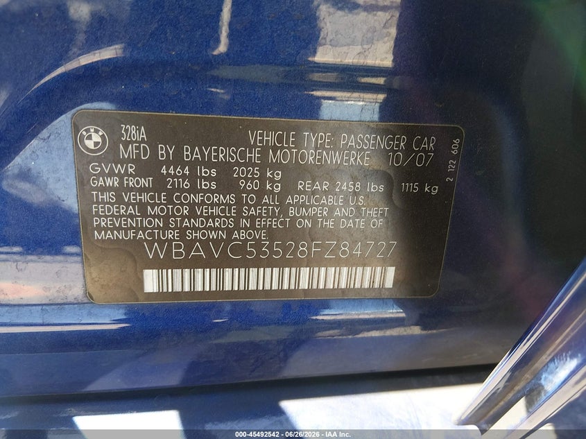2008 BMW 3 series VIN WBAVC53528FZ84727 IAAI salvage auction — FRONT END, Salvage (California), sold $1,250 on 2026-07-13 (photo 9)