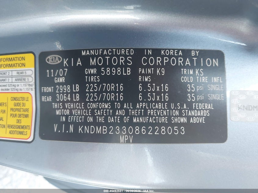 2008 Kia SEDONA VIN KNDMB233086228053 IAAI salvage auction — NORMAL WEAR, Clear (New York), sold $550 on 2026-07-09 (photo 9)