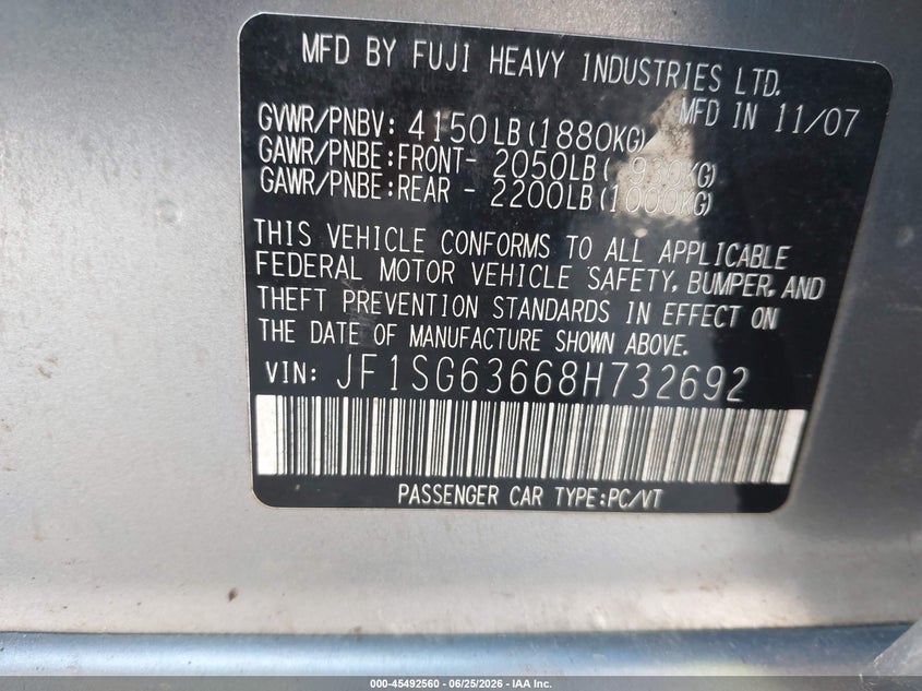 2008 Subaru Forester VIN JF1SG63668H732692 IAAI salvage auction — NORMAL WEAR, Original (Maine), sold $300 on 2026-07-27 (photo 9)