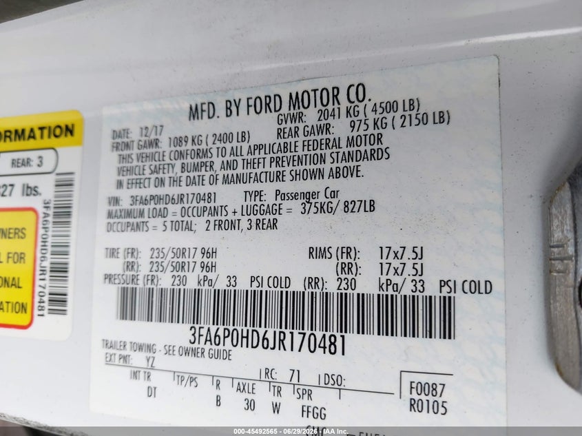 2018 Ford Fusion VIN 3FA6P0HD6JR170481 IAAI salvage auction — RIGHT FRONT, Salvage Title, sold $825 on 2026-07-19 (photo 9)