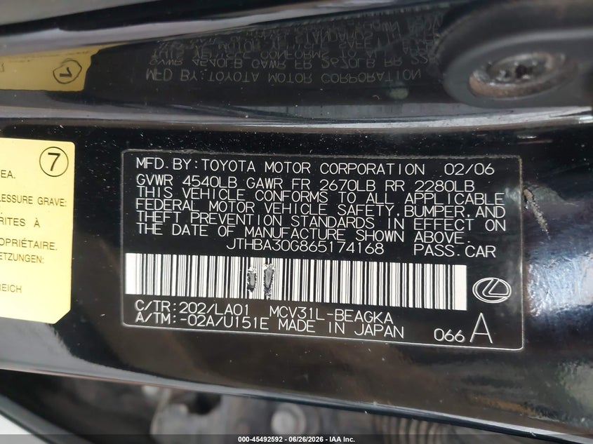 2006 Lexus ES VIN JTHBA30G865174168 IAAI salvage auction — RIGHT SIDE, Rebuildable (Florida), sold $25 on 2026-07-22 (photo 9)