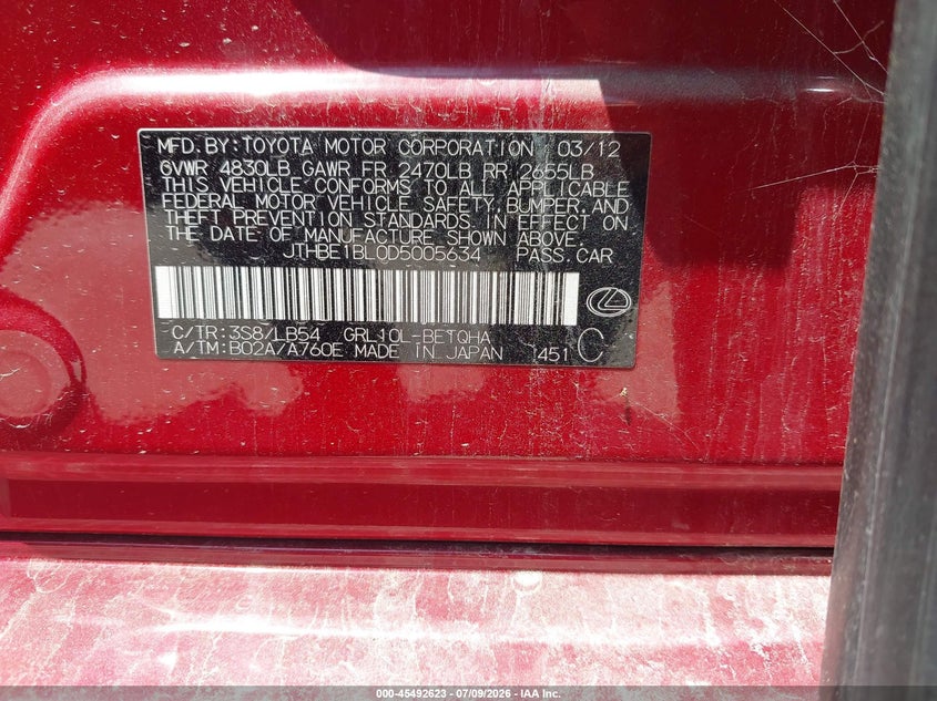 2013 Lexus Gs VIN JTHBE1BL0D5005634 IAAI salvage auction — FRONT END, Original (Texas), sold $825 on 2026-07-27 (photo 9)