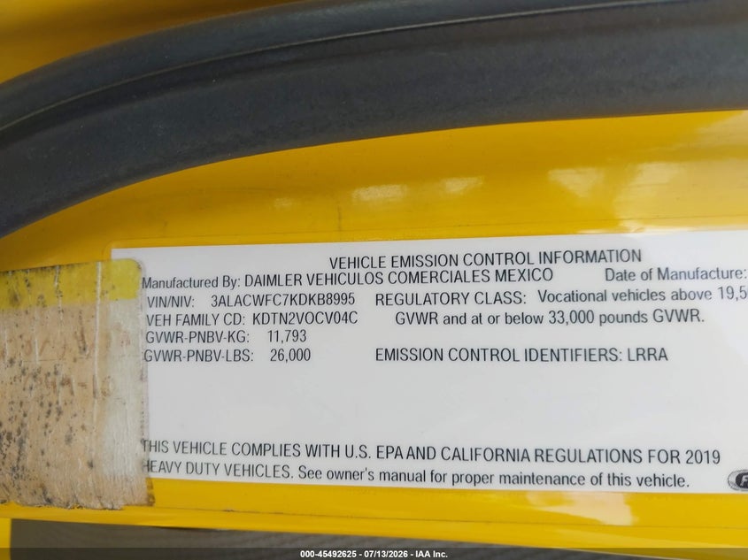 2019 Freightliner M2 106 VIN 3ALACWFC7KDKB8995 IAAI salvage auction — REPOSSESSION, Clear (California), sold $10,600 on 2026-07-22 (photo 8)