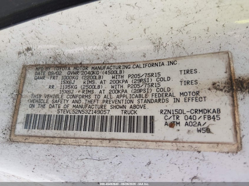 2003 Toyota Tacoma VIN 5TEVL52N53Z149057 IAAI salvage auction — NORMAL WEAR, Clear (Tennessee), sold $2,850 on 2026-07-07 (photo 9)