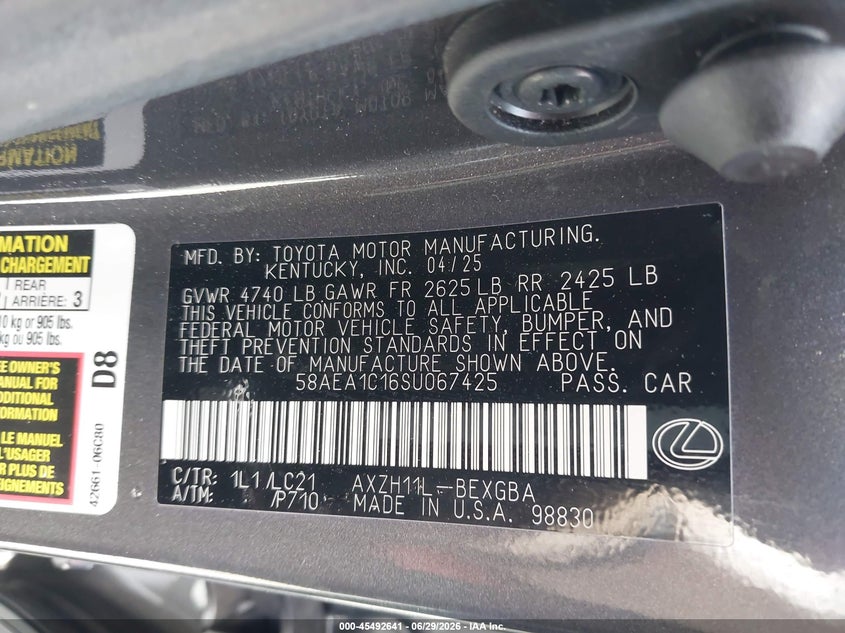 2025 Lexus ES VIN 58AEA1C16SU067425 IAAI salvage auction — LEFT FRONT, Wait Title, sold $21,150 on 2026-09-10 (photo 9)