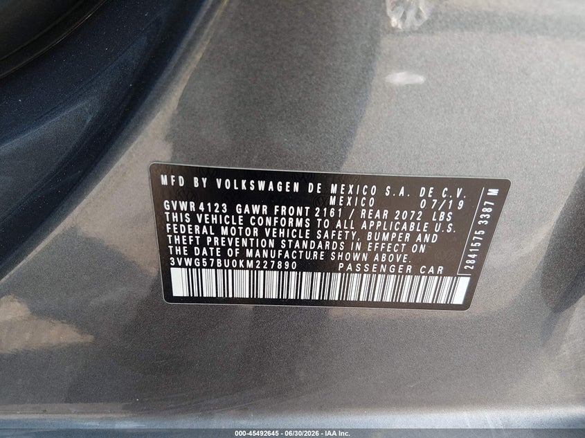 2019 Volkswagen Jetta VIN 3VWG57BU0KM227890 IAAI salvage auction — SIDE, Salvage (Idaho), sold $4,350 on 2026-07-10 (photo 9)